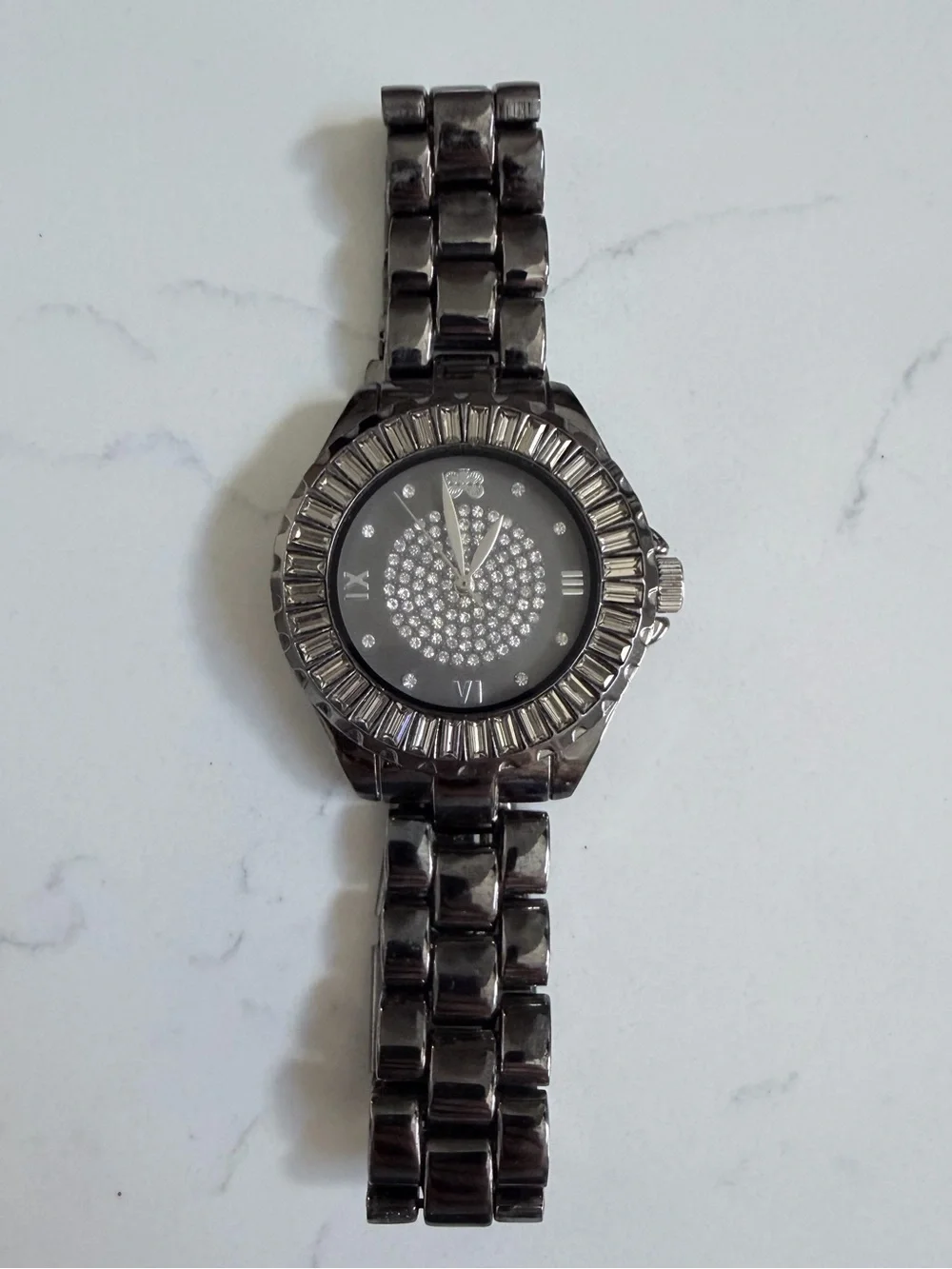 Curations by Stefani Greenfield  Pavé Crystal Watch in Gunmetal w/Baguette Bezel